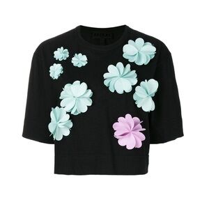 PASKAL Cotton Floral Appliqué Cropped Black Tee Shirt Size Small